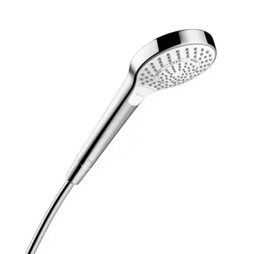 Handbrause in Weiß und Chrom von Hansgrohe mit runder Form und mehreren Düsen zur Wasserverteilung. Befestigung über Schlauchstück.
